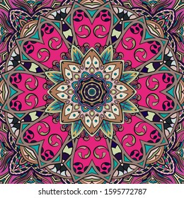 Seamless tracery tile mehndi design. Ethnic ornament, colorful doodle symmetry texture. Folk traditional spiritual tribal design. Curved doodling motif. Color art. Vector