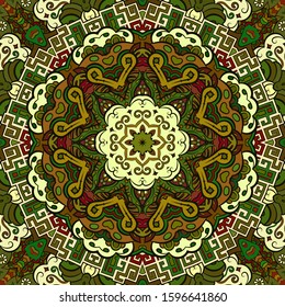 Seamless tracery tile mehndi design. Ethnic ornament, colorful doodle symmetry texture. Folk traditional spiritual tribal design. Curved doodling motif. Color art. Vector