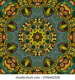 Seamless tracery tile mehndi design. Ethnic ornament, colorful doodle symmetry texture. Folk traditional spiritual tribal design. Curved doodling motif. Color art. Vector