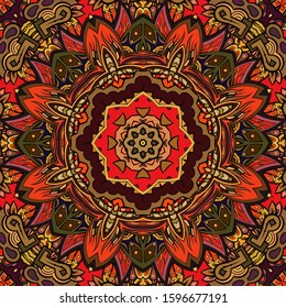Seamless tracery tile mehndi design. Ethnic ornament, colorful doodle symmetry texture. Folk traditional spiritual tribal design. Curved doodling motif. Color art. Vector
