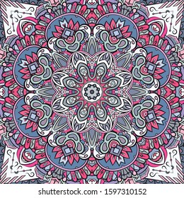 Seamless tracery tile mehndi design. Ethnic ornament, colorful doodle symmetry texture. Folk traditional spiritual tribal design. Curved doodling motif. Color art. Vector