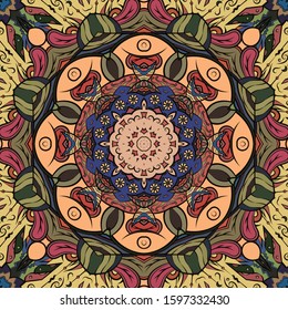 Seamless tracery tile mehndi design. Ethnic ornament, colorful doodle symmetry texture. Folk traditional spiritual tribal design. Curved doodling motif. Color art. Vector