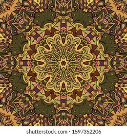 Seamless tracery tile mehndi design. Ethnic ornament, colorful doodle symmetry texture. Folk traditional spiritual tribal design. Curved doodling motif. Color art. Vector