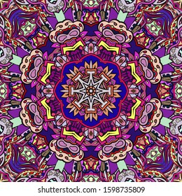 Seamless tracery tile mehndi design. Ethnic ornament, colorful doodle symmetry texture. Folk traditional spiritual tribal design. Curved doodling motif. Color art. Vector