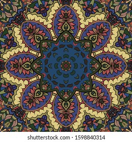 Seamless tracery tile mehndi design. Ethnic ornament, colorful doodle symmetry texture. Folk traditional spiritual tribal design. Curved doodling motif. Color art. Vector