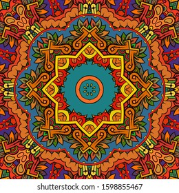 Seamless tracery tile mehndi design. Ethnic ornament, colorful doodle symmetry texture. Folk traditional spiritual tribal design. Curved doodling motif. Color art. Vector