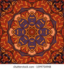 Seamless tracery tile mehndi design. Ethnic ornament, colorful doodle symmetry texture. Folk traditional spiritual tribal design. Curved doodling motif. Color art. Vector