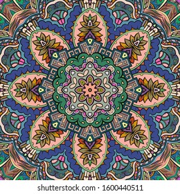 Seamless tracery tile mehndi design. Ethnic ornament, colorful doodle symmetry texture. Folk traditional spiritual tribal design. Curved doodling motif. Color art. Vector