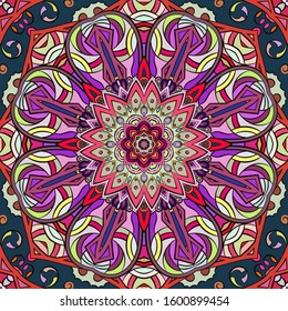 Seamless tracery tile mehndi design. Ethnic ornament, colorful doodle symmetry texture. Folk traditional spiritual tribal design. Curved doodling motif. Color art. Vector