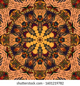 Seamless tracery tile mehndi design. Ethnic ornament, colorful doodle symmetry texture. Folk traditional spiritual tribal design. Curved doodling motif. Color art. Vector