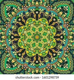 Seamless tracery tile mehndi design. Ethnic ornament, colorful doodle symmetry texture. Folk traditional spiritual tribal design. Curved doodling motif. Color art. Vector