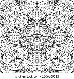 Seamless tracery tile mehndi design. Ethnic ornament, doodle symmetry texture. Folk traditional spiritual tribal design. Curved doodling motif. Binary monochrome black and white art. Vector