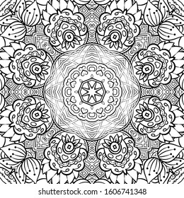 Seamless tracery tile mehndi design. Ethnic ornament, doodle symmetry texture. Folk traditional spiritual tribal design. Curved doodling motif. Binary monochrome black and white art. Vector