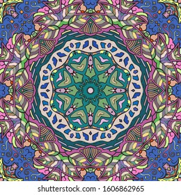 Seamless tracery tile mehndi design. Ethnic ornament, colorful doodle symmetry texture. Folk traditional spiritual tribal design. Curved doodling motif. Color art. Vector