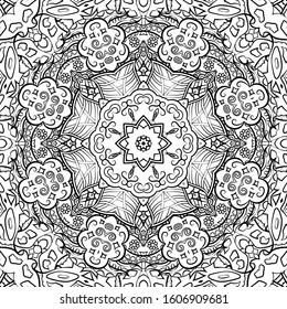 Seamless tracery tile mehndi design. Ethnic ornament, doodle symmetry texture. Folk traditional spiritual tribal design. Curved doodling motif. Binary monochrome black and white art. Vector