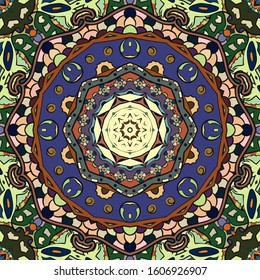 Seamless tracery tile mehndi design. Ethnic ornament, colorful doodle symmetry texture. Folk traditional spiritual tribal design. Curved doodling motif. Color art. Vector