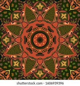 Seamless tracery tile mehndi design. Ethnic ornament, colorful doodle symmetry texture. Folk traditional spiritual tribal design. Curved doodling motif. Color art. Vector