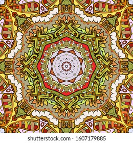 Seamless tracery tile mehndi design. Ethnic ornament, colorful doodle symmetry texture. Folk traditional spiritual tribal design. Curved doodling motif. Color art. Vector