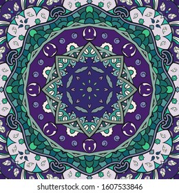 Seamless tracery tile mehndi design. Ethnic ornament, colorful doodle symmetry texture. Folk traditional spiritual tribal design. Curved doodling motif. Color art. Vector