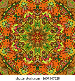 Seamless tracery tile mehndi design. Ethnic ornament, colorful doodle symmetry texture. Folk traditional spiritual tribal design. Curved doodling motif. Color art. Vector