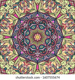 Seamless tracery tile mehndi design. Ethnic ornament, colorful doodle symmetry texture. Folk traditional spiritual tribal design. Curved doodling motif. Color art. Vector