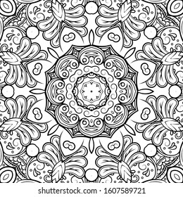 Seamless tracery tile mehndi design. Ethnic ornament, doodle symmetry texture. Folk traditional spiritual tribal design. Curved doodling motif. Binary monochrome black and white art. Vector