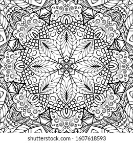 Seamless tracery tile mehndi design. Ethnic ornament, doodle symmetry texture. Folk traditional spiritual tribal design. Curved doodling motif. Binary monochrome black and white art. Vector