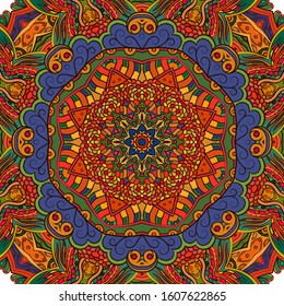 Seamless tracery tile mehndi design. Ethnic ornament, colorful doodle symmetry texture. Folk traditional spiritual tribal design. Curved doodling motif. Color art. Vector