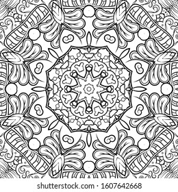 Seamless tracery tile mehndi design. Ethnic ornament, doodle symmetry texture. Folk traditional spiritual tribal design. Curved doodling motif. Binary monochrome black and white art. Vector