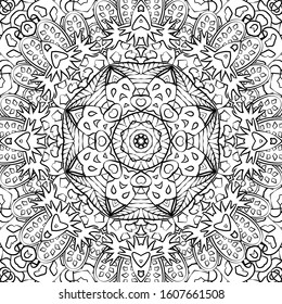 Seamless tracery tile mehndi design. Ethnic ornament, doodle symmetry texture. Folk traditional spiritual tribal design. Curved doodling motif. Binary monochrome black and white art. Vector