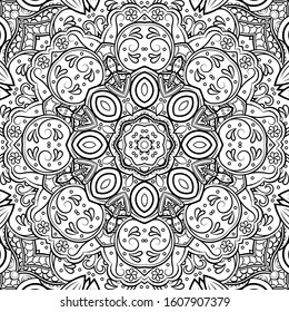 Seamless tracery tile mehndi design. Ethnic ornament, doodle symmetry texture. Folk traditional spiritual tribal design. Curved doodling motif. Binary monochrome black and white art. Vector