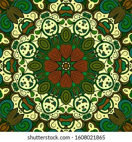 Seamless tracery tile mehndi design. Ethnic ornament, colorful doodle symmetry texture. Folk traditional spiritual tribal design. Curved doodling motif. Color art. Vector