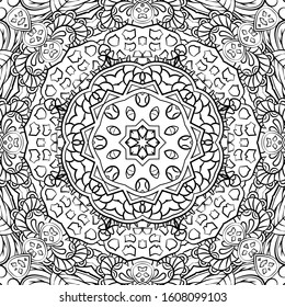 Seamless tracery tile mehndi design. Ethnic ornament, doodle symmetry texture. Folk traditional spiritual tribal design. Curved doodling motif. Binary monochrome black and white art. Vector