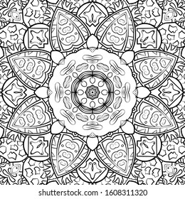 Seamless tracery tile mehndi design. Ethnic ornament, doodle symmetry texture. Folk traditional spiritual tribal design. Curved doodling motif. Binary monochrome black and white art. Vector
