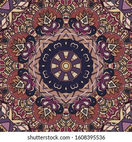 Seamless tracery tile mehndi design. Ethnic ornament, colorful doodle symmetry texture. Folk traditional spiritual tribal design. Curved doodling motif. Color art. Vector