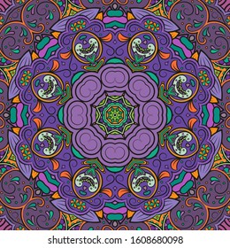 Seamless tracery tile mehndi design. Ethnic ornament, colorful doodle symmetry texture. Folk traditional spiritual tribal design. Curved doodling motif. Color art. Vector