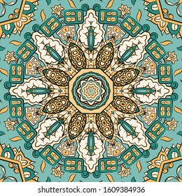 Seamless tracery tile mehndi design. Ethnic ornament, colorful doodle symmetry texture. Folk traditional spiritual tribal design. Curved doodling motif. Color art. Vector