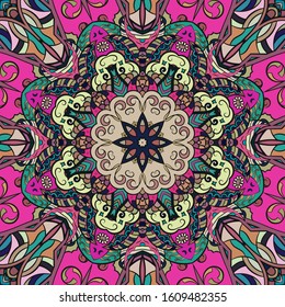 Seamless tracery tile mehndi design. Ethnic ornament, colorful doodle symmetry texture. Folk traditional spiritual tribal design. Curved doodling motif. Color art. Vector