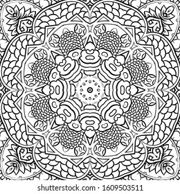 Seamless tracery tile mehndi design. Ethnic ornament, doodle symmetry texture. Folk traditional spiritual tribal design. Curved doodling motif. Binary monochrome black and white art. Vector