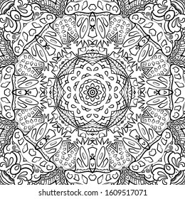 Seamless tracery tile mehndi design. Ethnic ornament, doodle symmetry texture. Folk traditional spiritual tribal design. Curved doodling motif. Binary monochrome black and white art. Vector