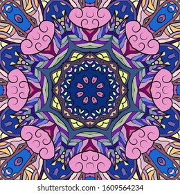 Seamless tracery tile mehndi design. Ethnic ornament, colorful doodle symmetry texture. Folk traditional spiritual tribal design. Curved doodling motif. Color art. Vector