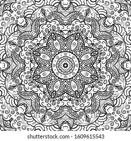 Seamless tracery tile mehndi design. Ethnic ornament, doodle symmetry texture. Folk traditional spiritual tribal design. Curved doodling motif. Binary monochrome black and white art. Vector