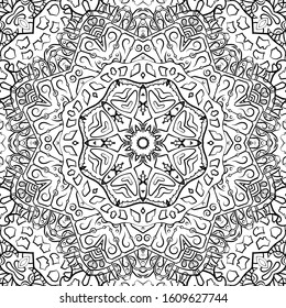Seamless tracery tile mehndi design. Ethnic ornament, doodle symmetry texture. Folk traditional spiritual tribal design. Curved doodling motif. Binary monochrome black and white art. Vector