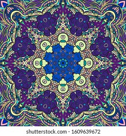 Seamless tracery tile mehndi design. Ethnic ornament, colorful doodle symmetry texture. Folk traditional spiritual tribal design. Curved doodling motif. Color art. Vector