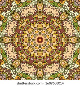 Seamless tracery tile mehndi design. Ethnic ornament, colorful doodle symmetry texture. Folk traditional spiritual tribal design. Curved doodling motif. Color art. Vector