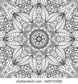 Seamless tracery tile mehndi design. Ethnic ornament, doodle symmetry texture. Folk traditional spiritual tribal design. Curved doodling motif. Binary monochrome black and white art. Vector
