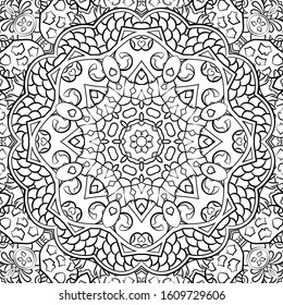 Seamless tracery tile mehndi design. Ethnic ornament, doodle symmetry texture. Folk traditional spiritual tribal design. Curved doodling motif. Binary monochrome black and white art. Vector