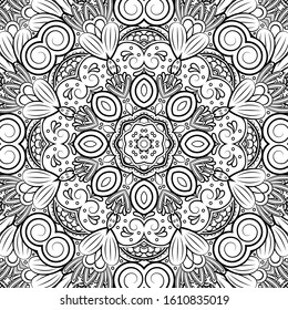 Seamless tracery tile mehndi design. Ethnic ornament, doodle symmetry texture. Folk traditional spiritual tribal design. Curved doodling motif. Binary monochrome black and white art. Vector