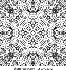 Seamless tracery tile mehndi design. Ethnic ornament, doodle symmetry texture. Folk traditional spiritual tribal design. Curved doodling motif. Binary monochrome black and white art. Vector