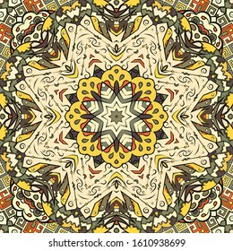 Seamless tracery tile mehndi design. Ethnic ornament, colorful doodle symmetry texture. Folk traditional spiritual tribal design. Curved doodling motif. Color art. Vector